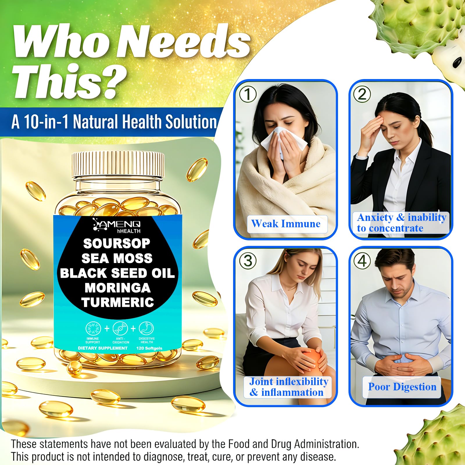 AMENQ hHEALTH ingredientes naturales dispuestos: soursop, moringa, irish moss