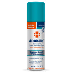 Americaine aerosol frontal del envase mostrando la marca y concentración 20%, alivio rápido