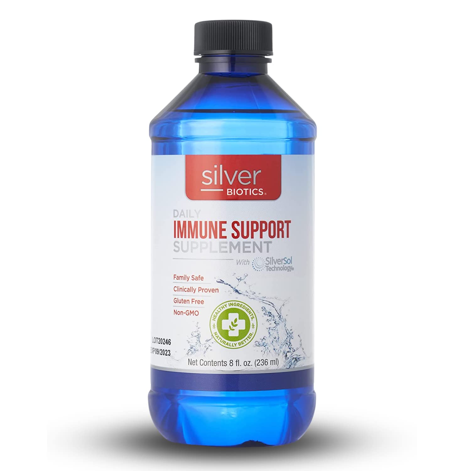 American Biotech Labs botella frontal mostrando SilverBiotics y uso diario