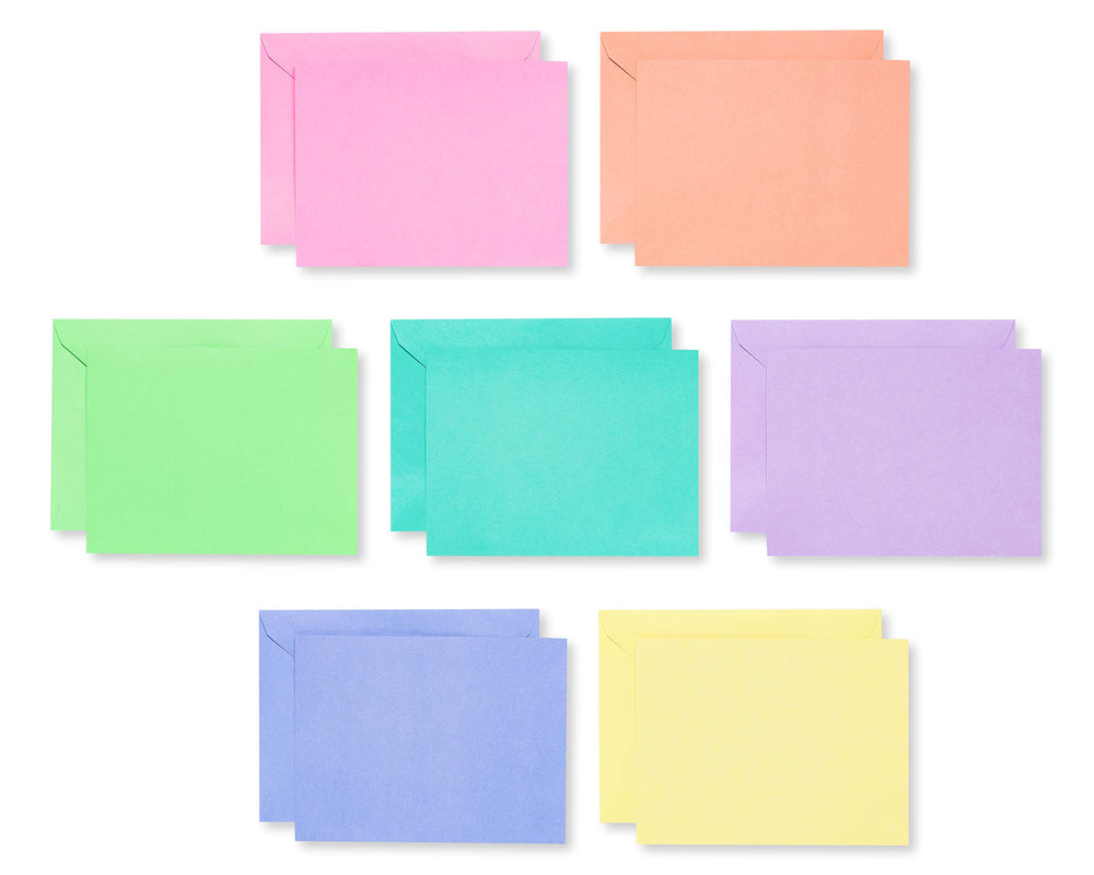 American Greetings caja transparente mostrando 200 tarjetas pastel y sobres, almacenamiento práctico