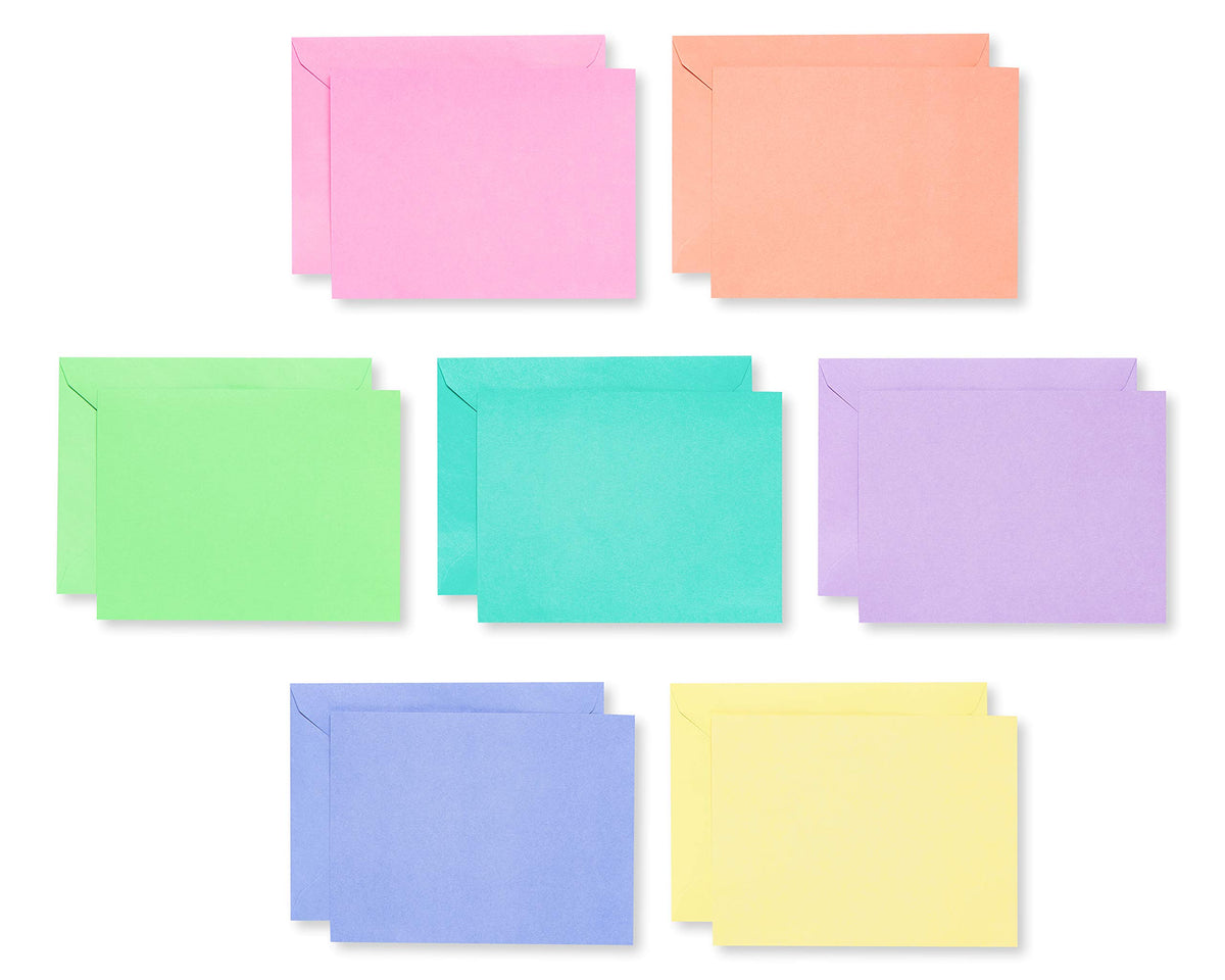 American Greetings caja transparente mostrando 200 tarjetas pastel y sobres, almacenamiento práctico