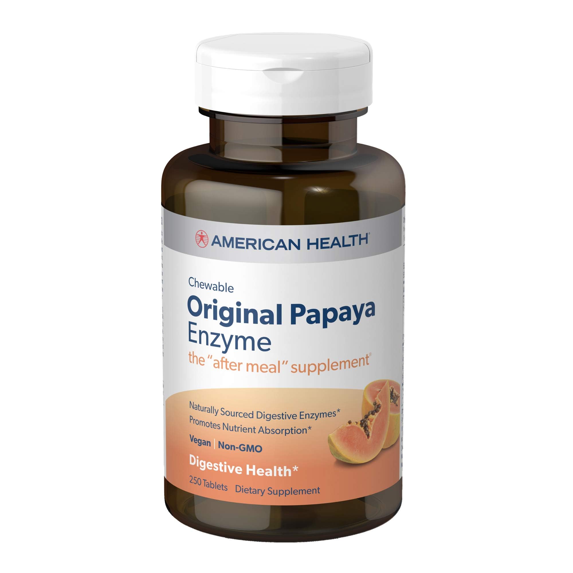 American Health envase frontal de Papaya Enzyme mostrando 250 comprimidos, fácil identificación