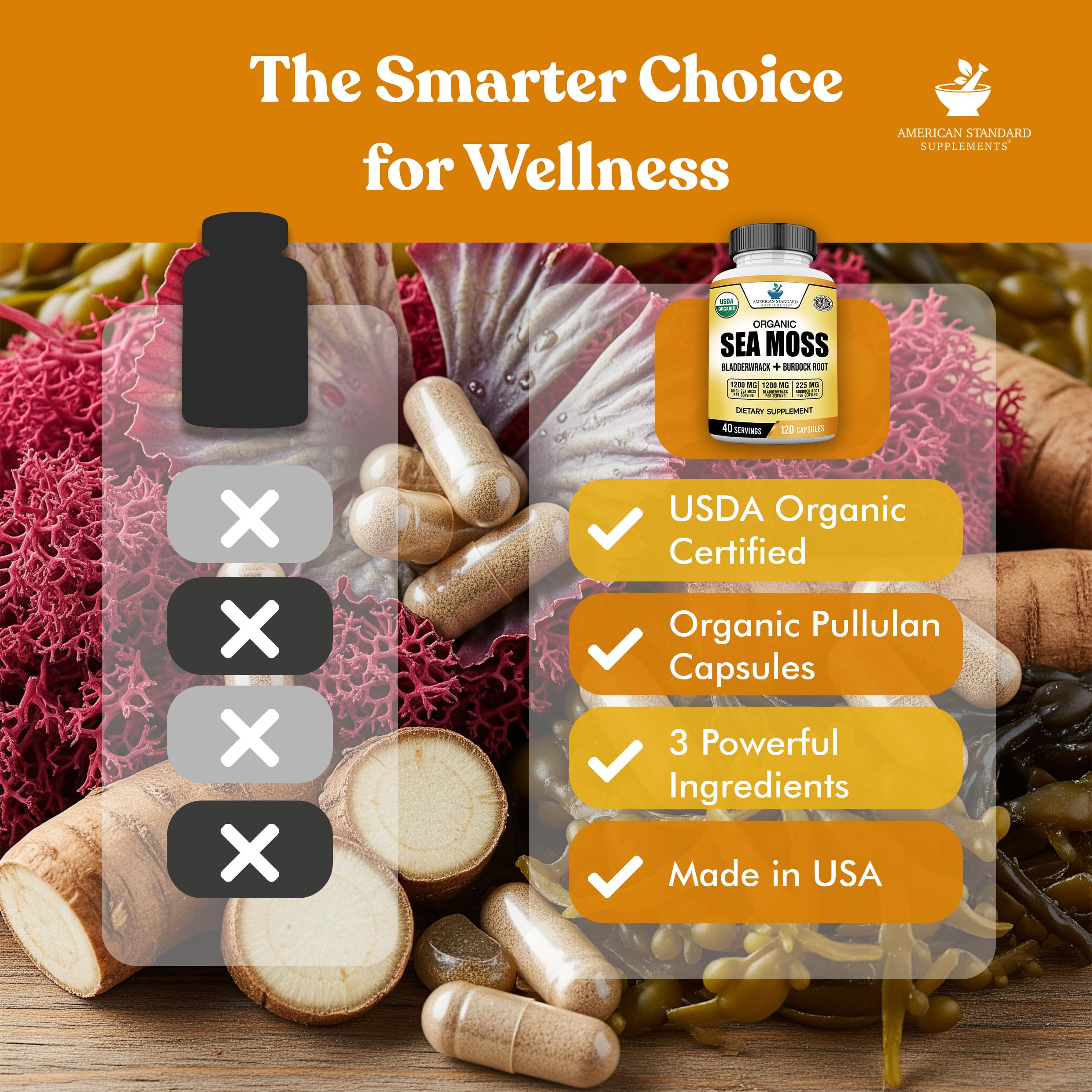 American Standard Supplements botella abierta con cápsulas visible para control de porciones