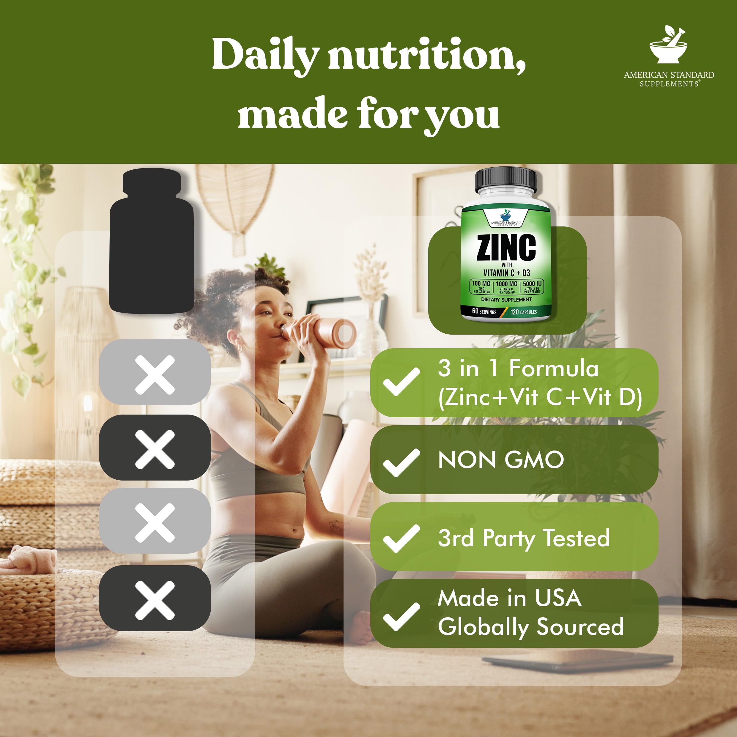 American Standard Supplements caja abierta con cápsulas señalando suministro de 30 días