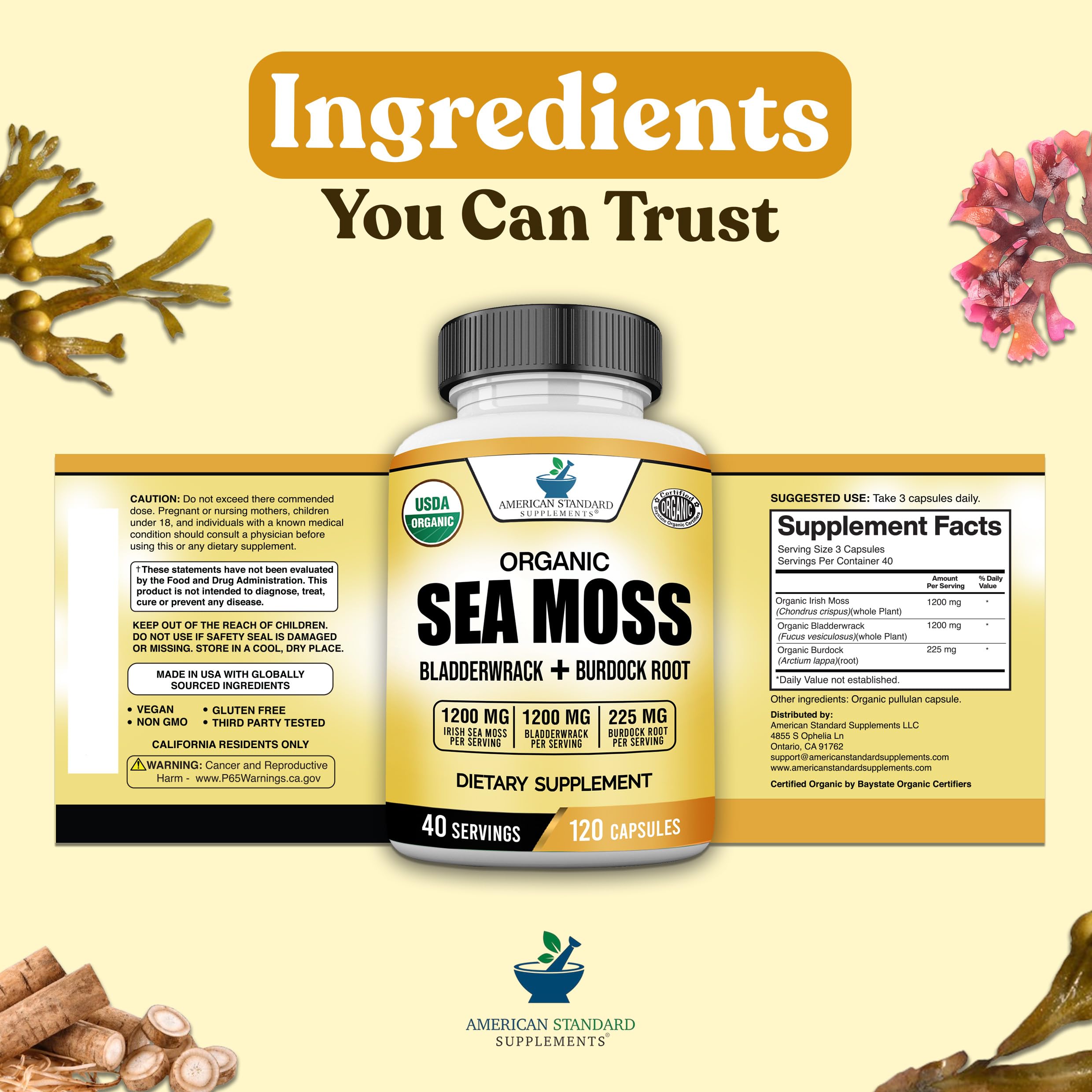 American Standard Supplements etiqueta de ingredientes resaltando transparencia y origen orgánico