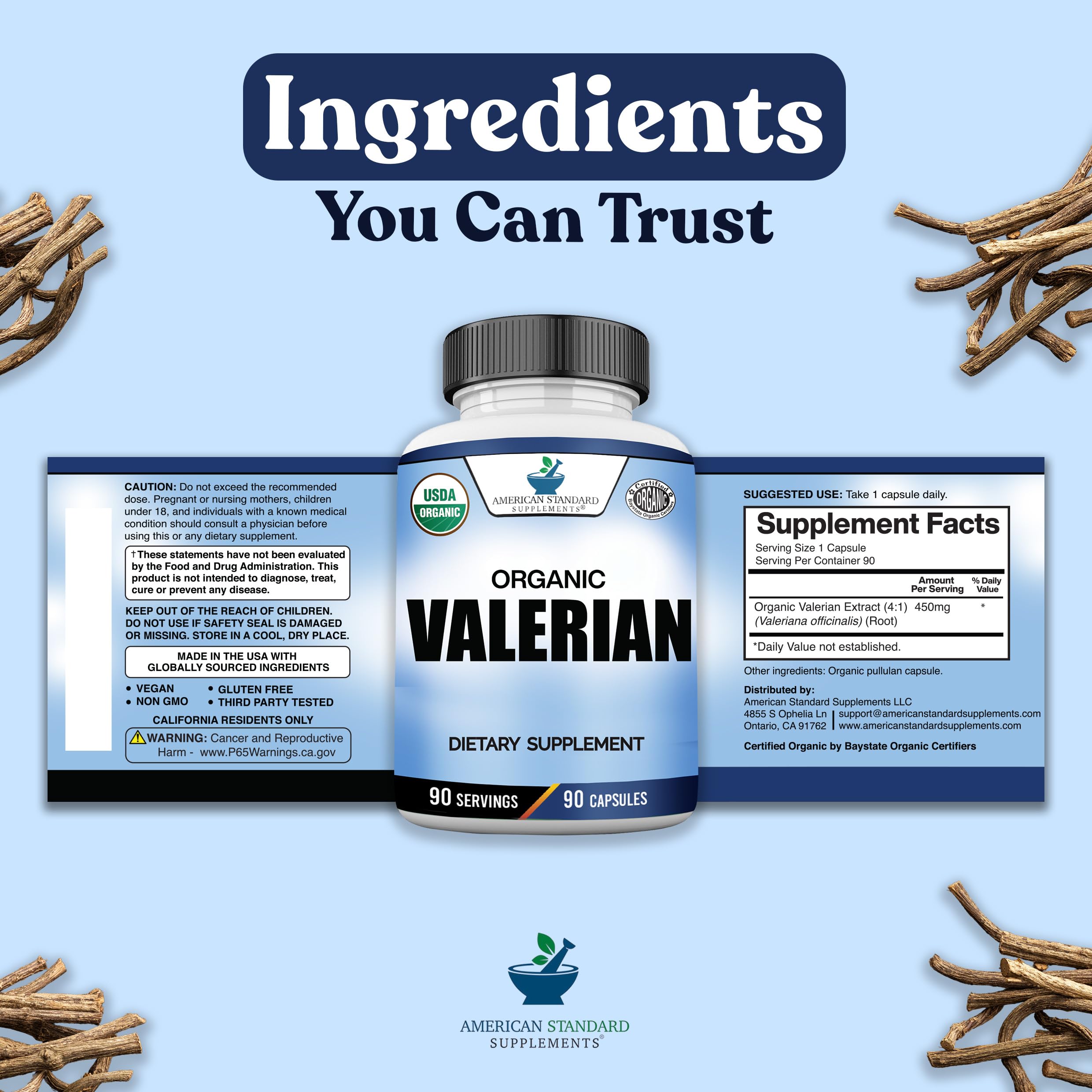American Standard Supplements frasco en entorno natural, origen y sostenibilidad