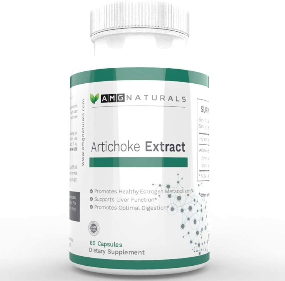 AMG Naturals envase frontal de extracto de alcachofa, presentación clara y vegana