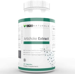 AMG Naturals envase frontal de extracto de alcachofa, presentación clara y vegana