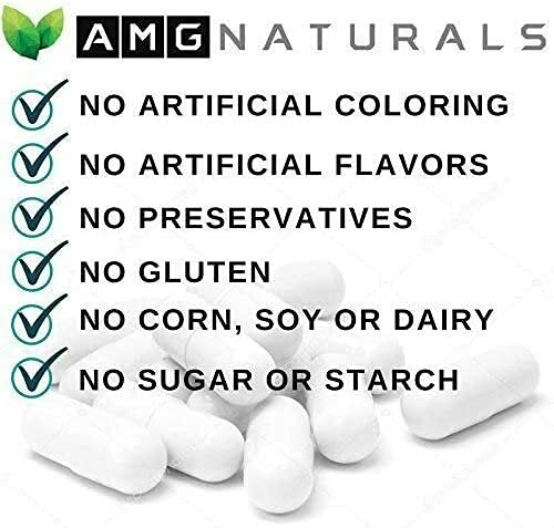 AMG Naturals frasco abierto con cápsulas visibles, seguridad y cantidad por envase