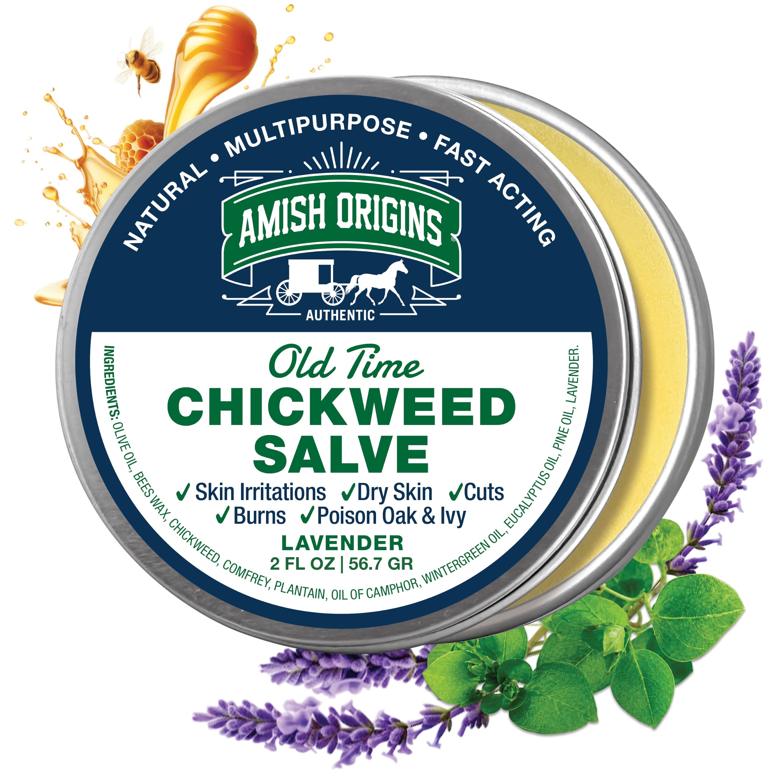 Amish Origins bote frontal mostrando el envase y beneficios calmantes