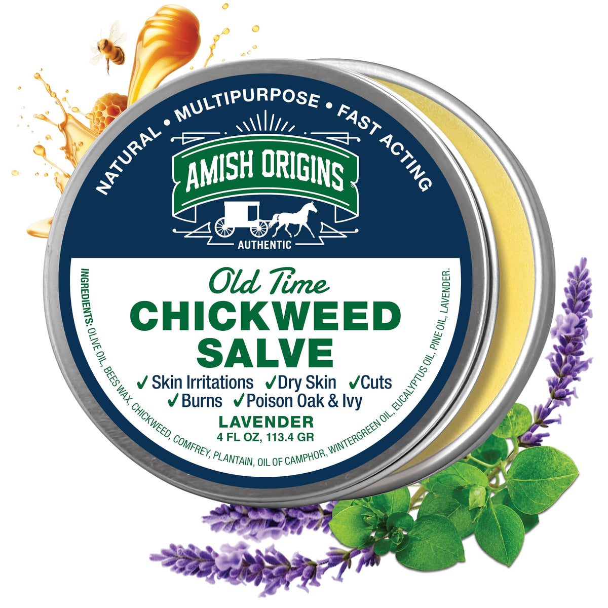 Amish Origins frasco frontal mostrando etiqueta clara y tamaño portátil
