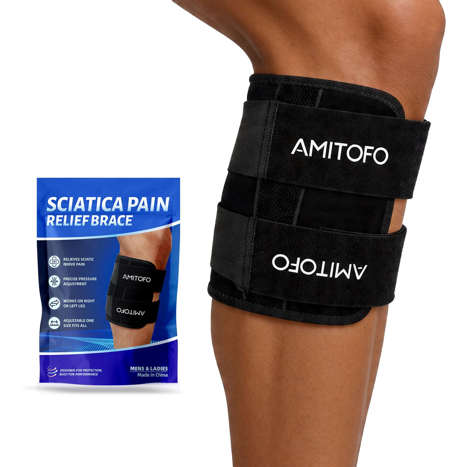 AMITOFO faja ciática frontal mostrando ajuste y diseño cómodo