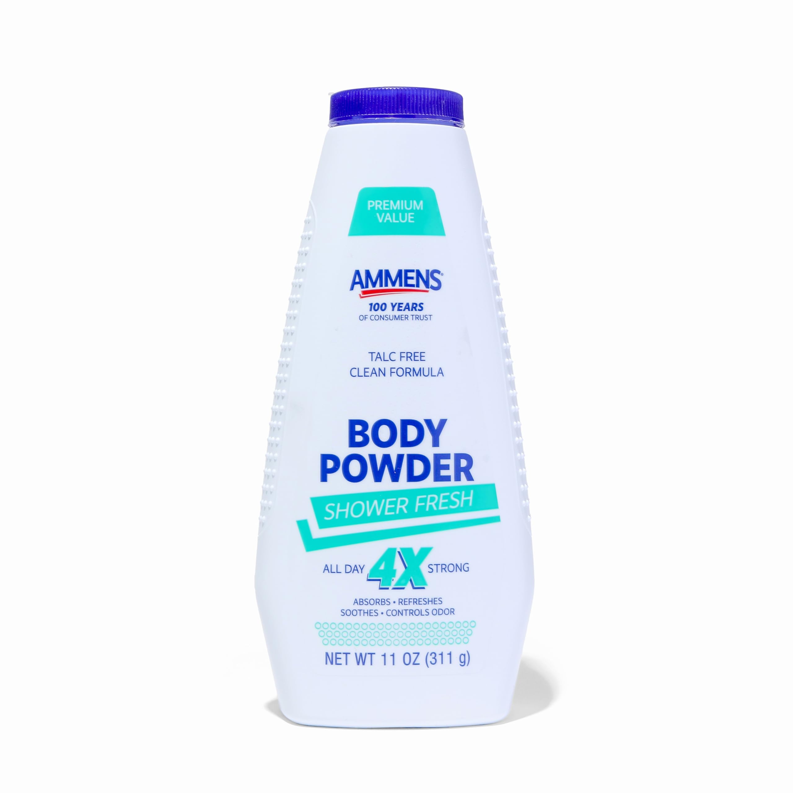 Envase AMMENS Powder Shower Fresh frente mostrando diseño y tamaño, aporta frescor