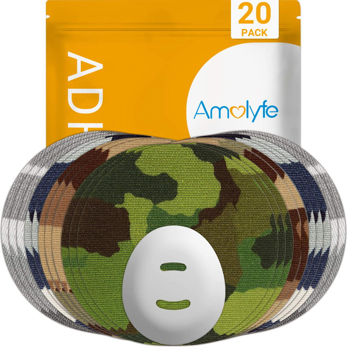 Amolyfe vista frontal del empaque que muestra 20 parches y beneficios