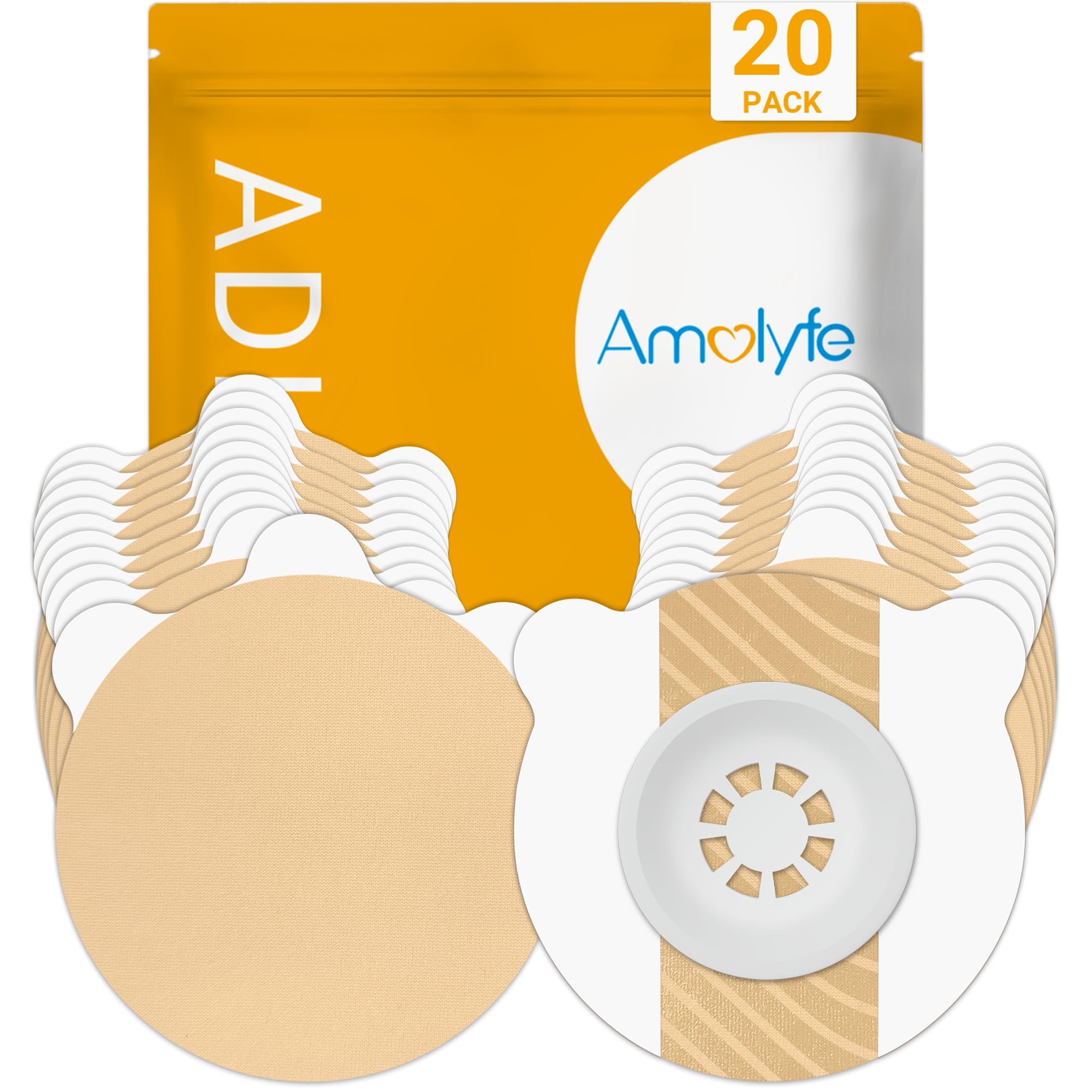 Amolyfe empaque frontal beige con 20 cubiertas mostrando cobertura discreta