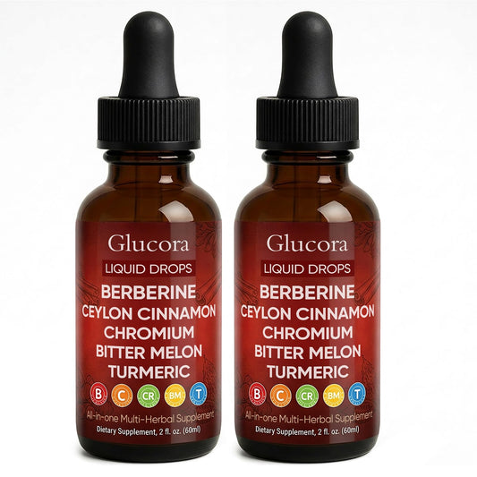 AMOQUCT Glucora frente del empaque mostrando la botella y beneficios