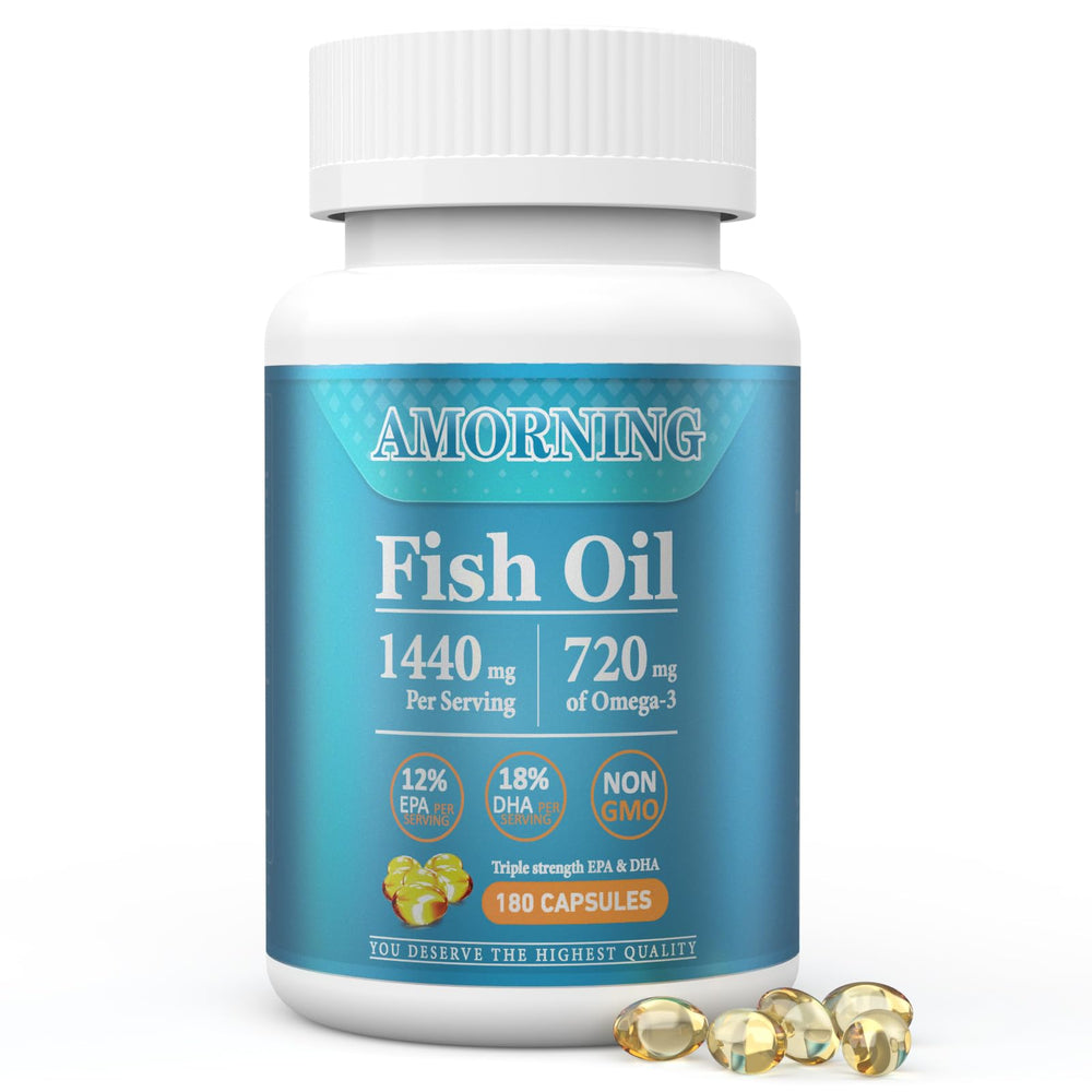 AMORNING frasco delantero mostrando etiqueta y beneficio de omega-3
