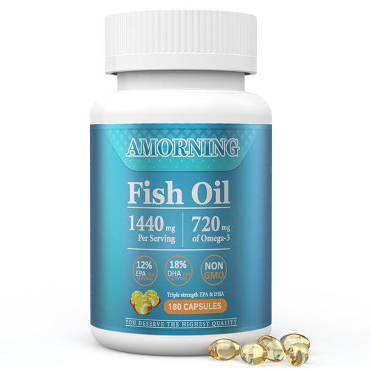 AMORNING frasco delantero mostrando etiqueta y beneficio de omega-3