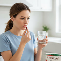 Ampitrexyl sobre mesa con frutas y vaso de agua promoviendo bienestar