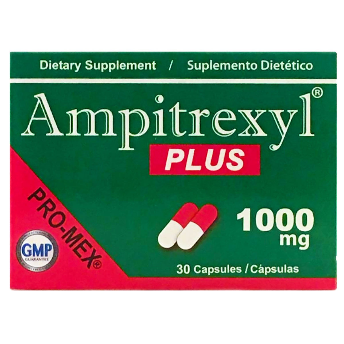 Ampitrexyl Plus frontal del envase mostrando el tamaño y beneficios
