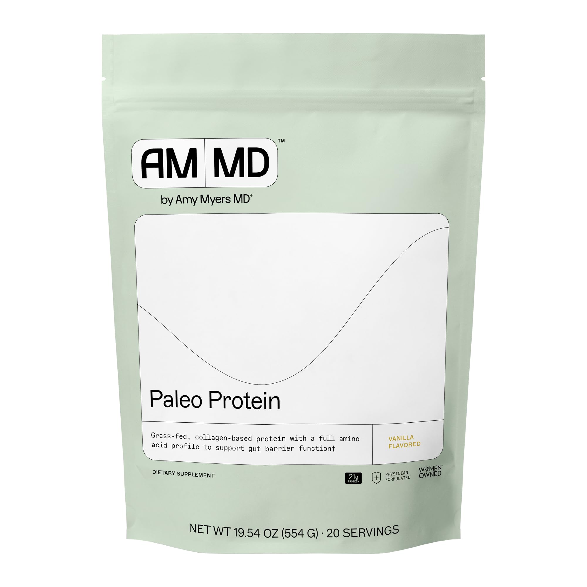 Amy Myers MD envase frontal del Paleo Protein que muestra presentación y beneficios
