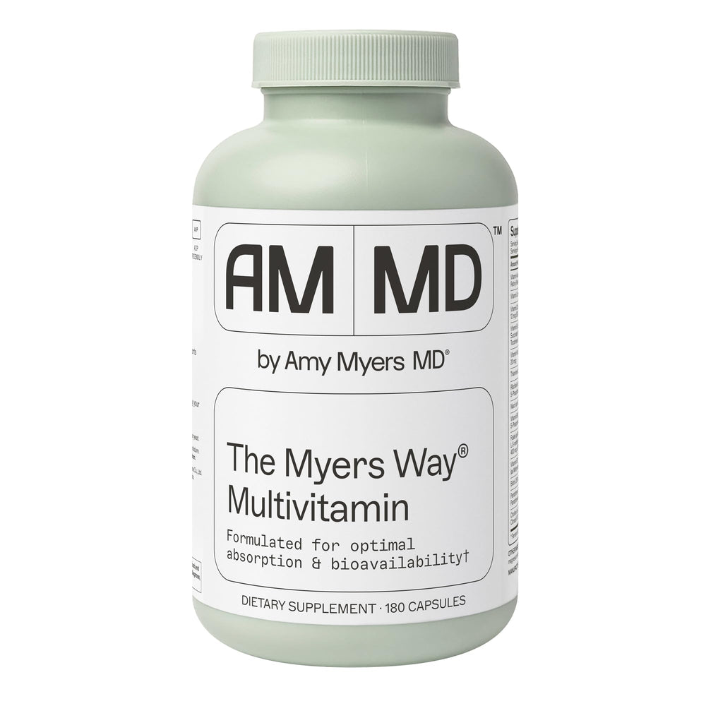 Amy Myers MD frasco frontal mostrando multivitamínico y marca para confianza