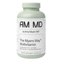 Amy Myers MD frasco frontal mostrando multivitamínico y marca para confianza