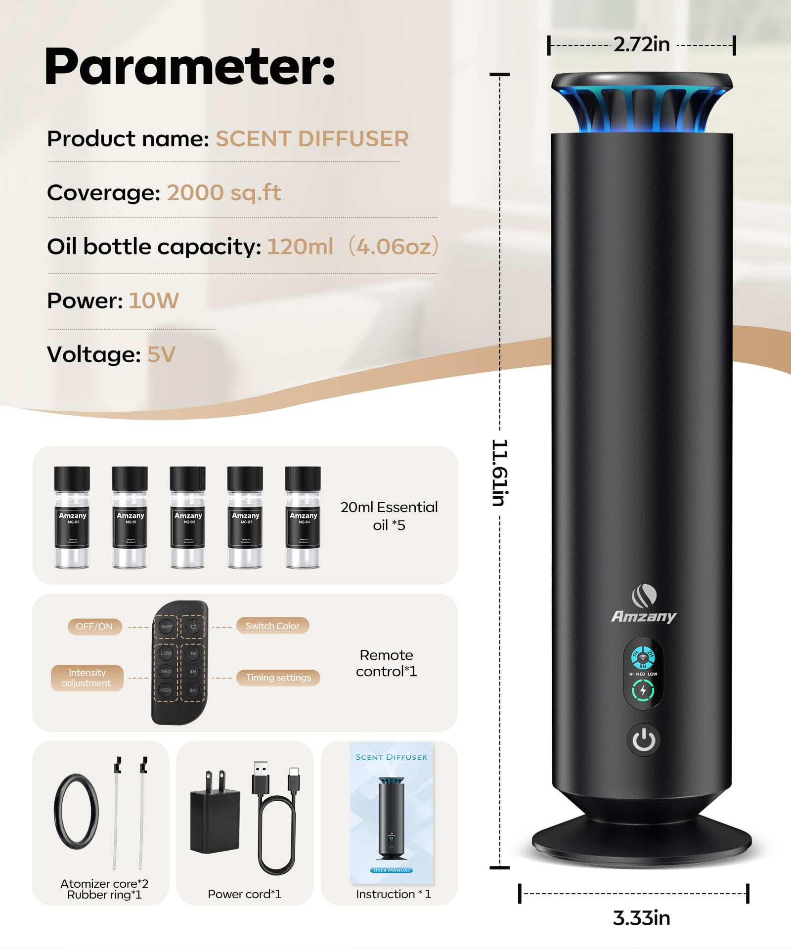 Amzany difusor en mano para comparar tamaño y portabilidad