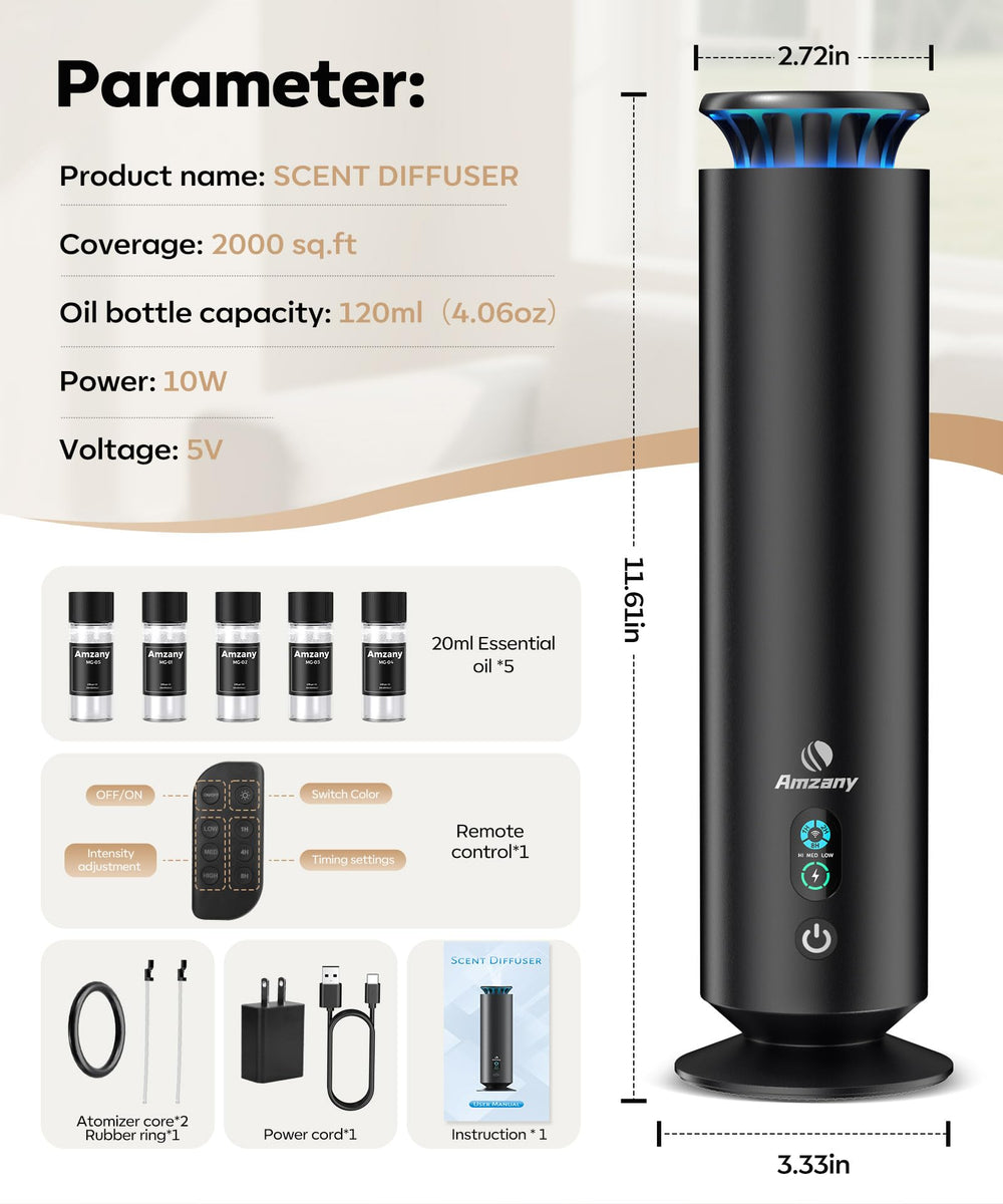 Amzany difusor en mano para comparar tamaño y portabilidad