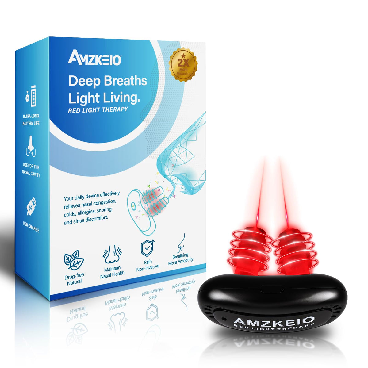 AMZKEIO dispositivo nasal frontal mostrando diseño compacto y facilidad de uso