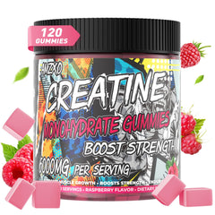 AMZXO Creatine Monohydrate Gummies bottle with raspberry flavor for daily performance support.