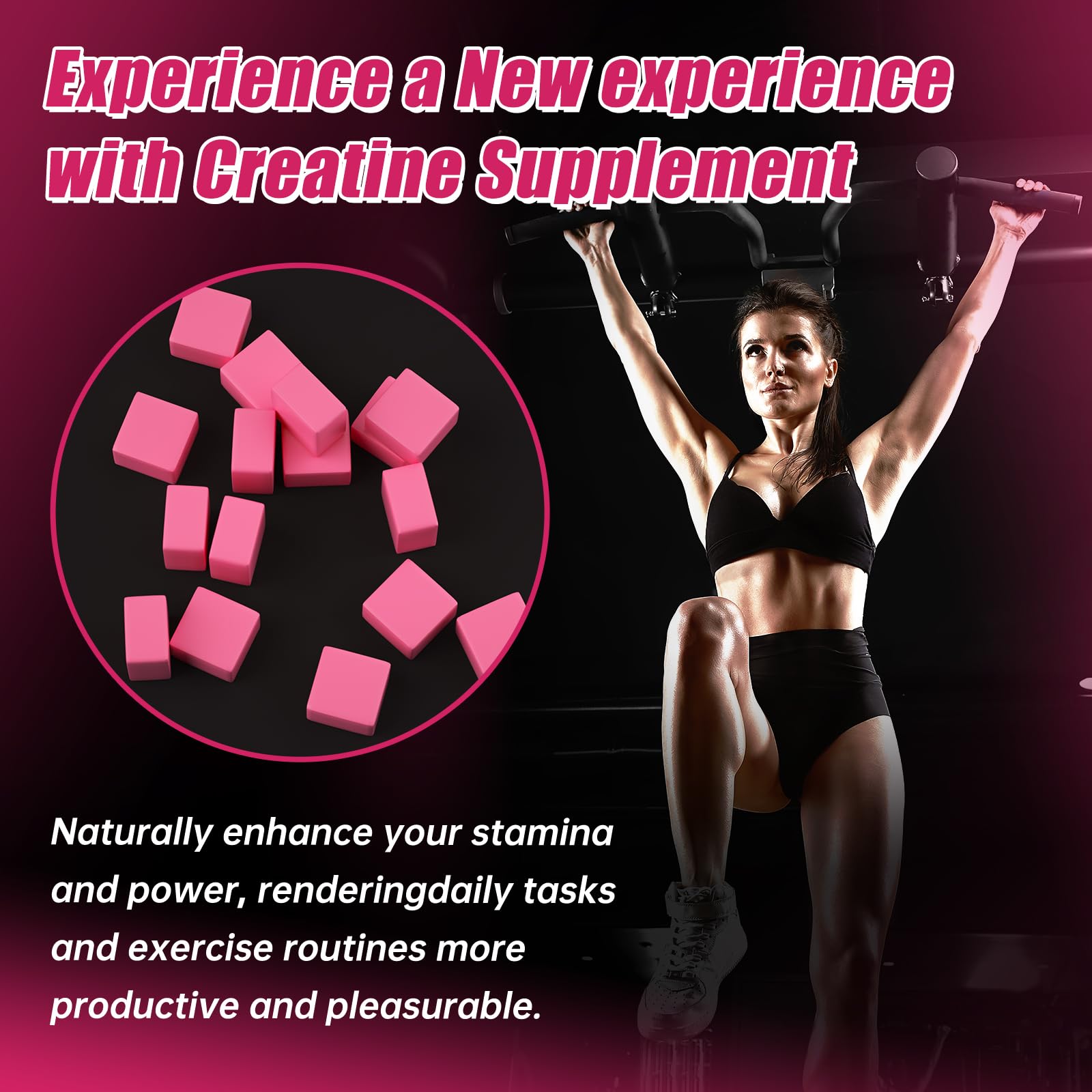 AMZXO Creatine Monohydrate Gummies in workout setting suggesting enhanced energy and focus.