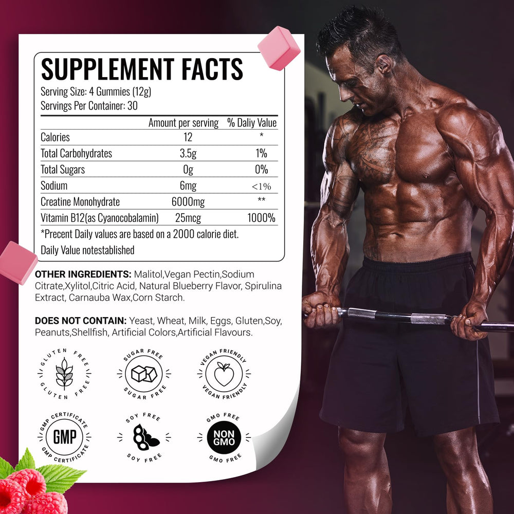 AMZXO Creatine Monohydrate Gummies on-the-go bottle illustrating travel-friendly supplement.