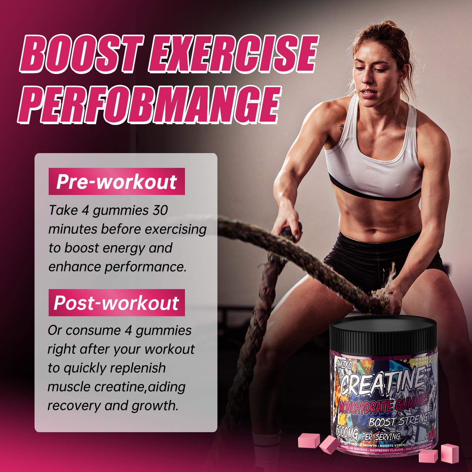 AMZXO Creatine Monohydrate Gummies packaging highlighting vegetarian, gluten-free formula.