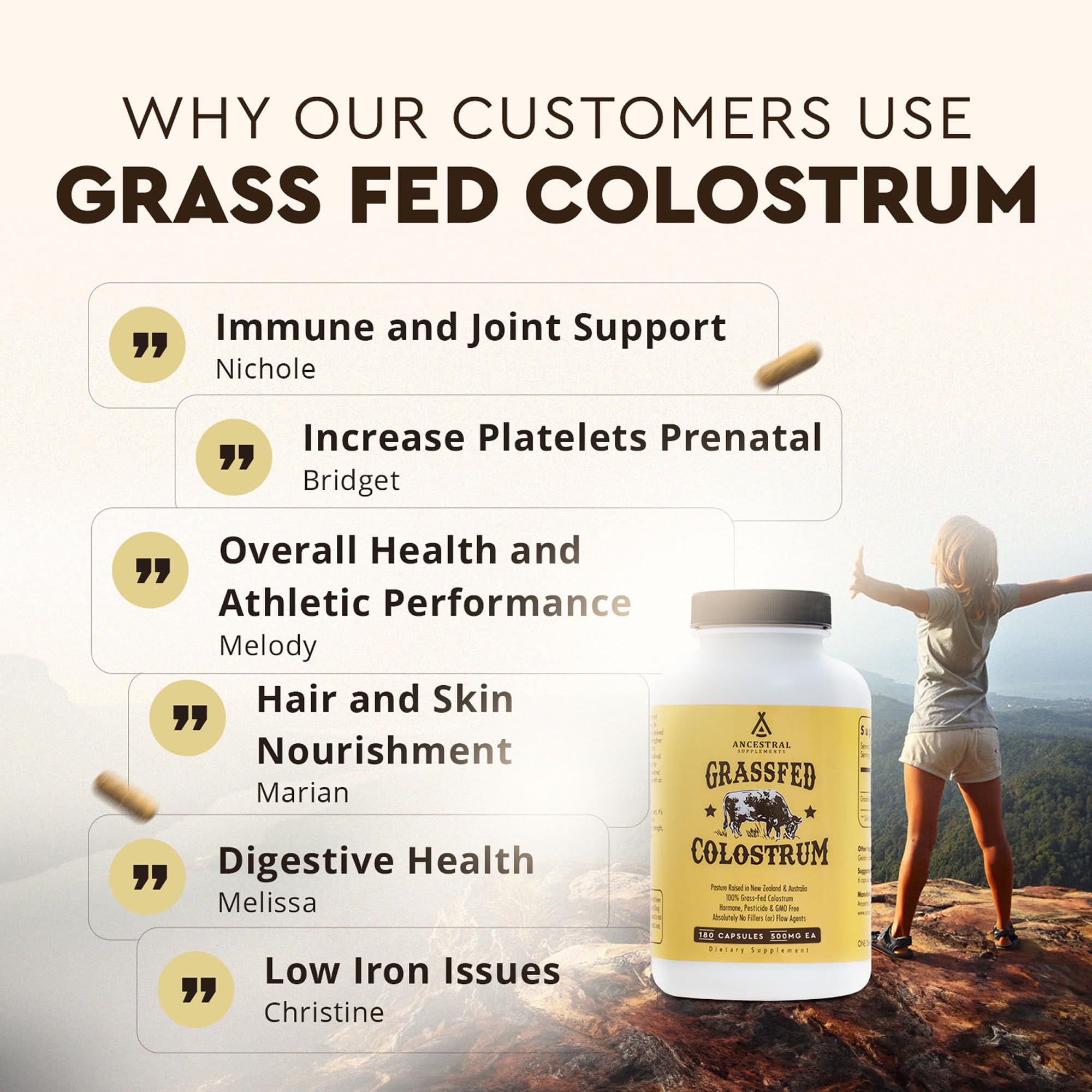 Ancestral Supplements etiqueta con información nutricional y sellos de calidad