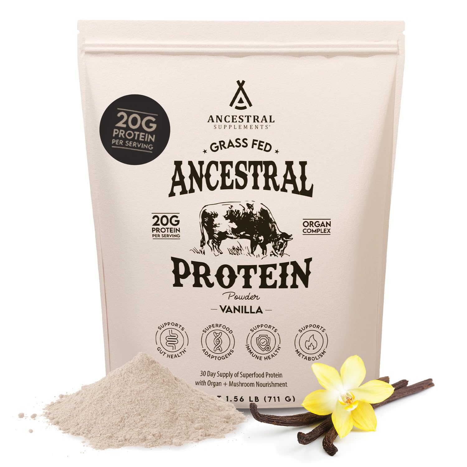 Ancestral Supplements envase frontal que muestra sabor y cantidad, claridad de uso