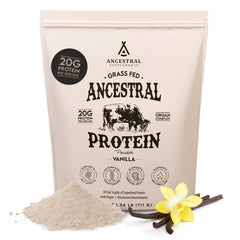 Ancestral Supplements envase frontal que muestra sabor y cantidad, claridad de uso