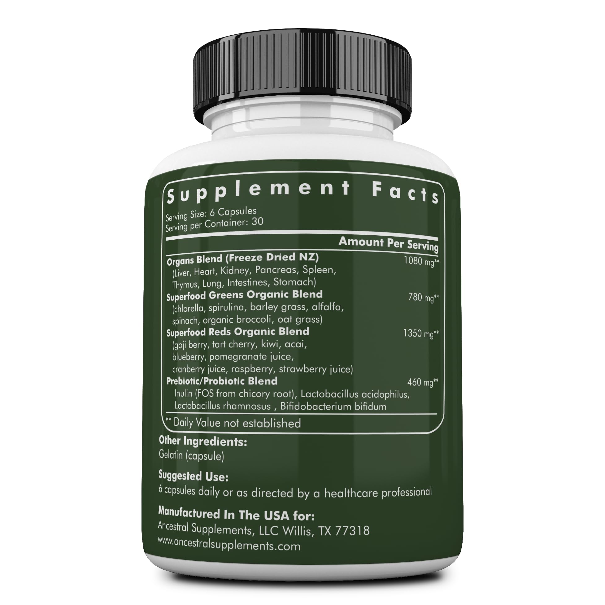 Ancestral Supplements cápsulas en primer plano mostrando textura liofilizada