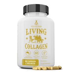 Ancestral Supplements envase frontal mostrando colágeno vivo y presentación clara