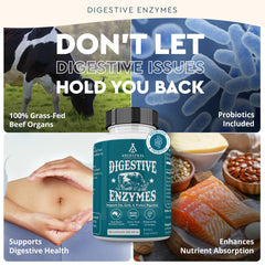Ancestral Supplements frasco junto a comida ilustrando uso con comidas pesadas