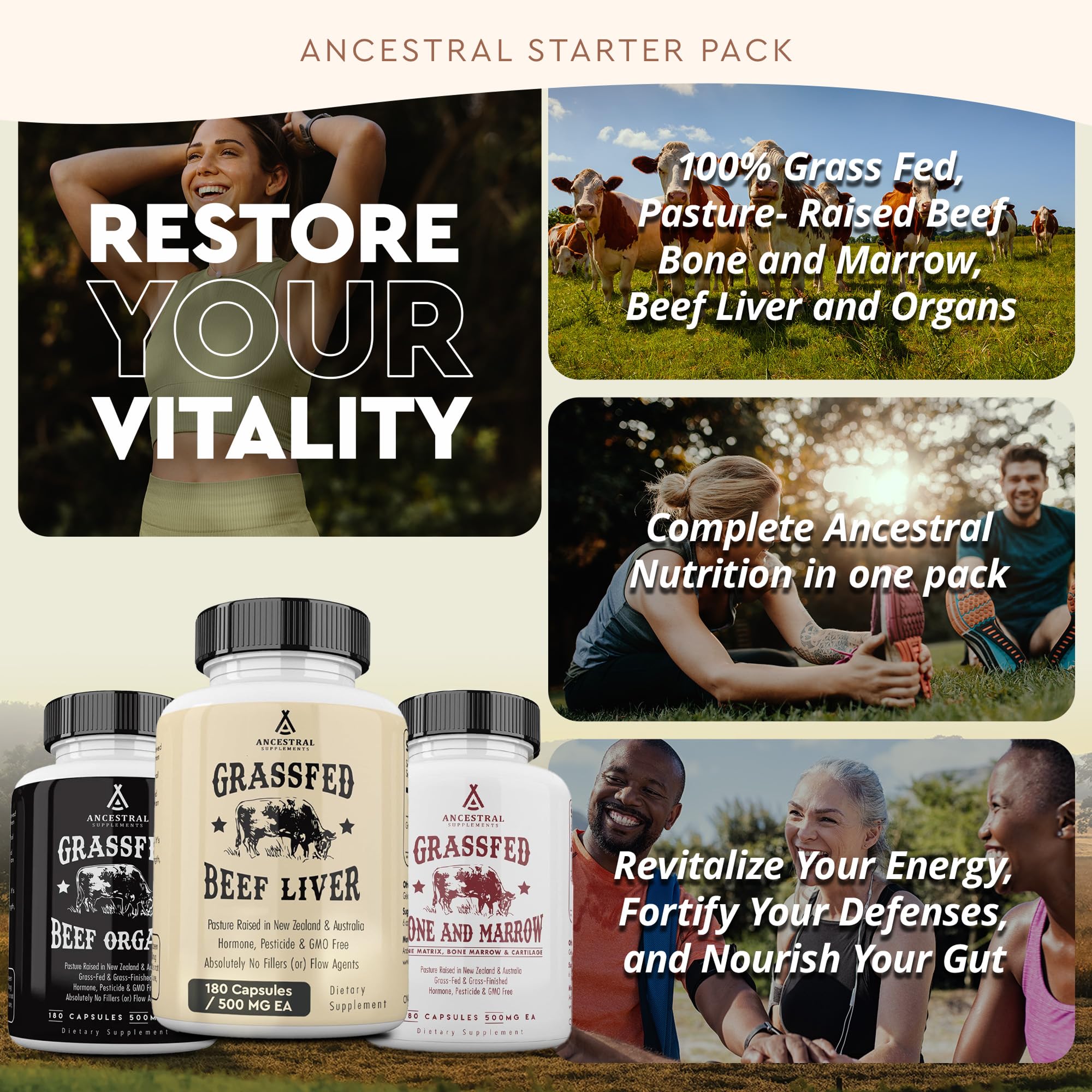 Ancestral Supplements frasco abierto con cápsulas para uso diario sencillo