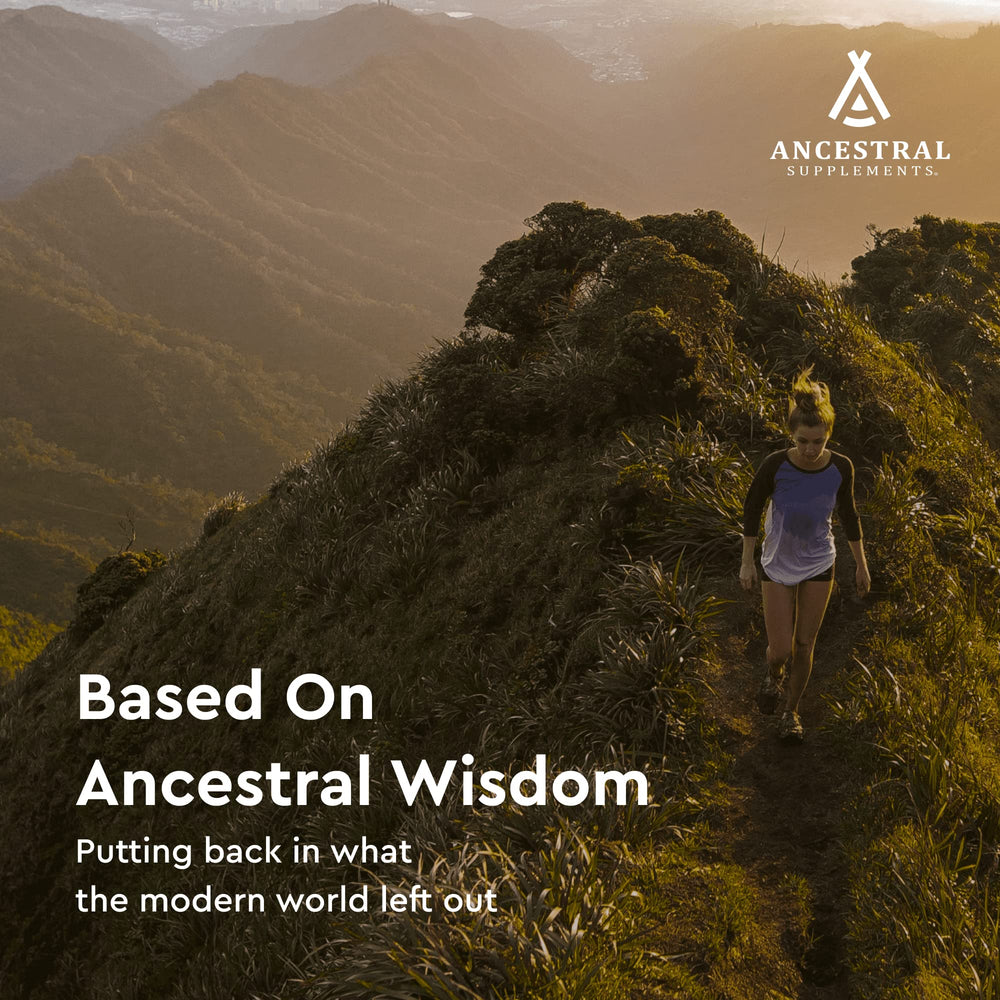 Ancestral Supplements frasco en mesa con alimentos grasos representando digestión