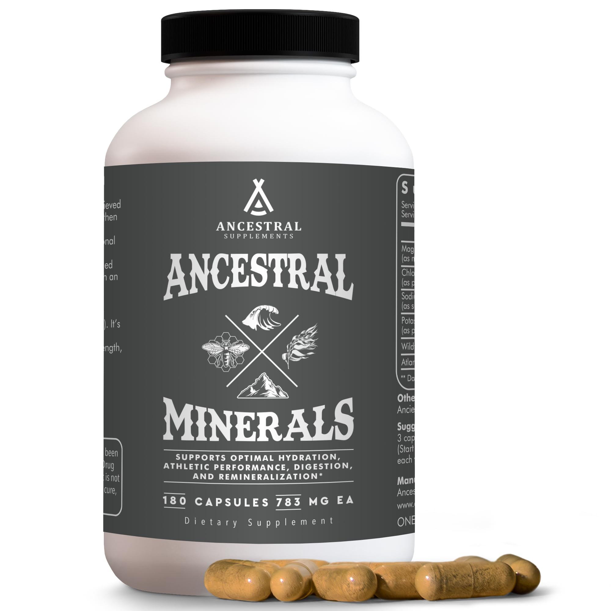 Ancestral Supplements frasco frontal mostrando etiqueta y 180 cápsulas, claridad del producto