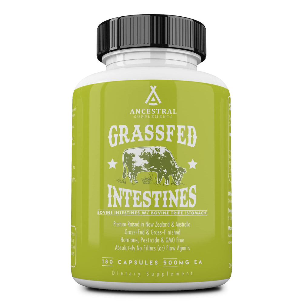Ancestral Supplements empaque frontal mostrando cápsulas y beneficios nutritivos