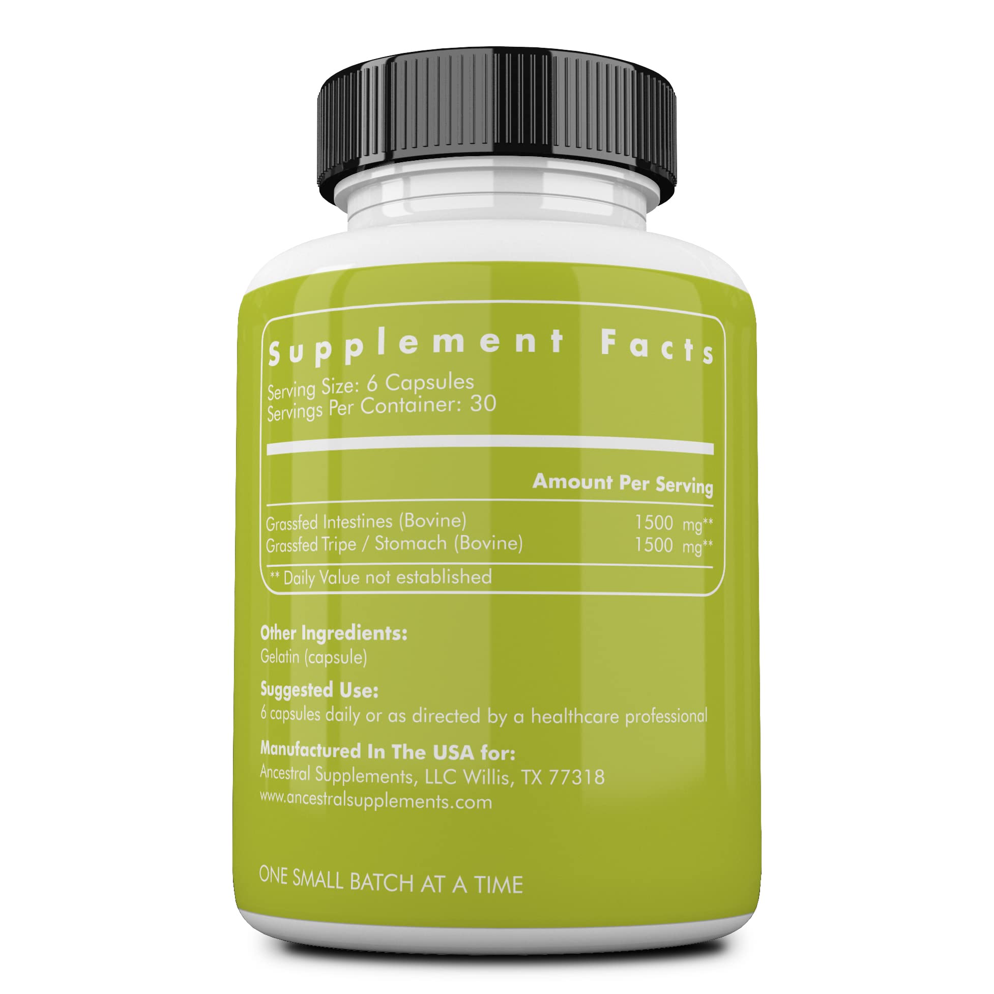 Ancestral Supplements primer plano del polvo de intestinos, muestra pureza y textura