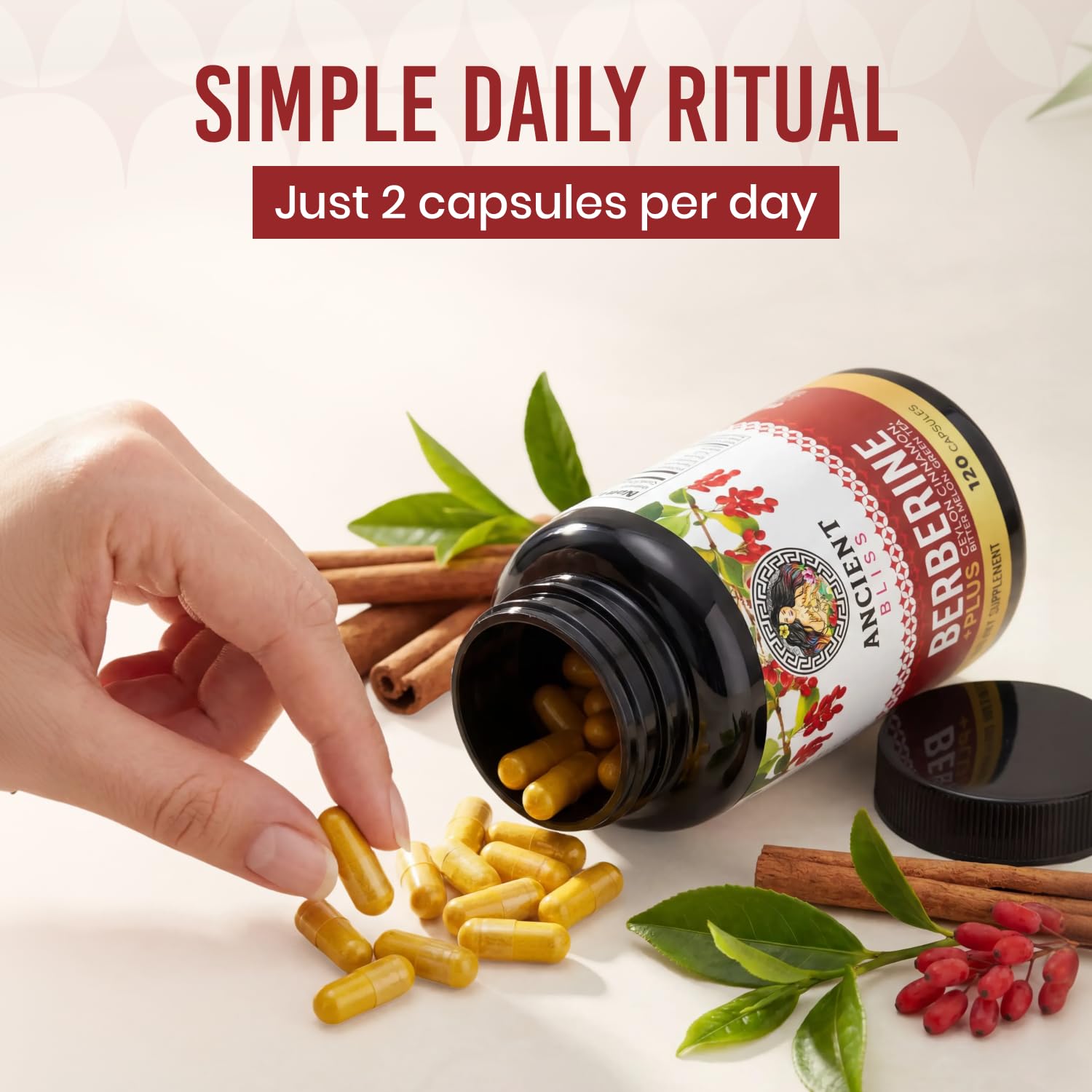 Ancient Bliss ingredientes botánicos dispuestos para destacar origen natural