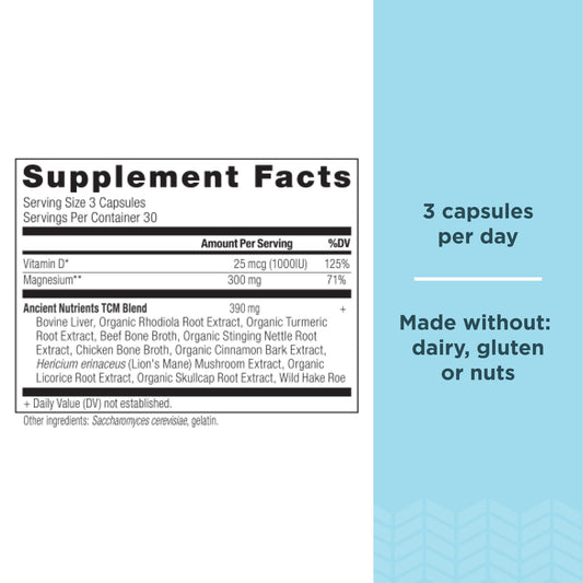 Ancient Nutrition cápsula en mano para visualizar la dosificación y practicidad