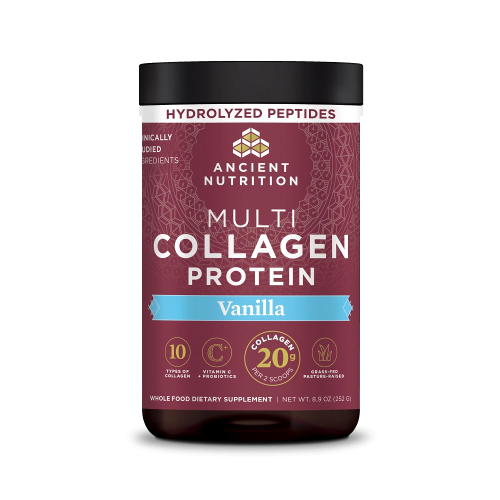 Ancient Nutrition frasco frontal mostrando etiqueta y beneficio de confianza