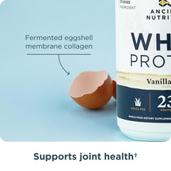 Ancient Nutrition porción junto a fruta para visualizar tamaño de servicio