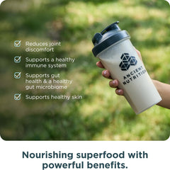 Ancient Nutrition etiqueta con información nutricional y certificaciones, transparencia y calidad